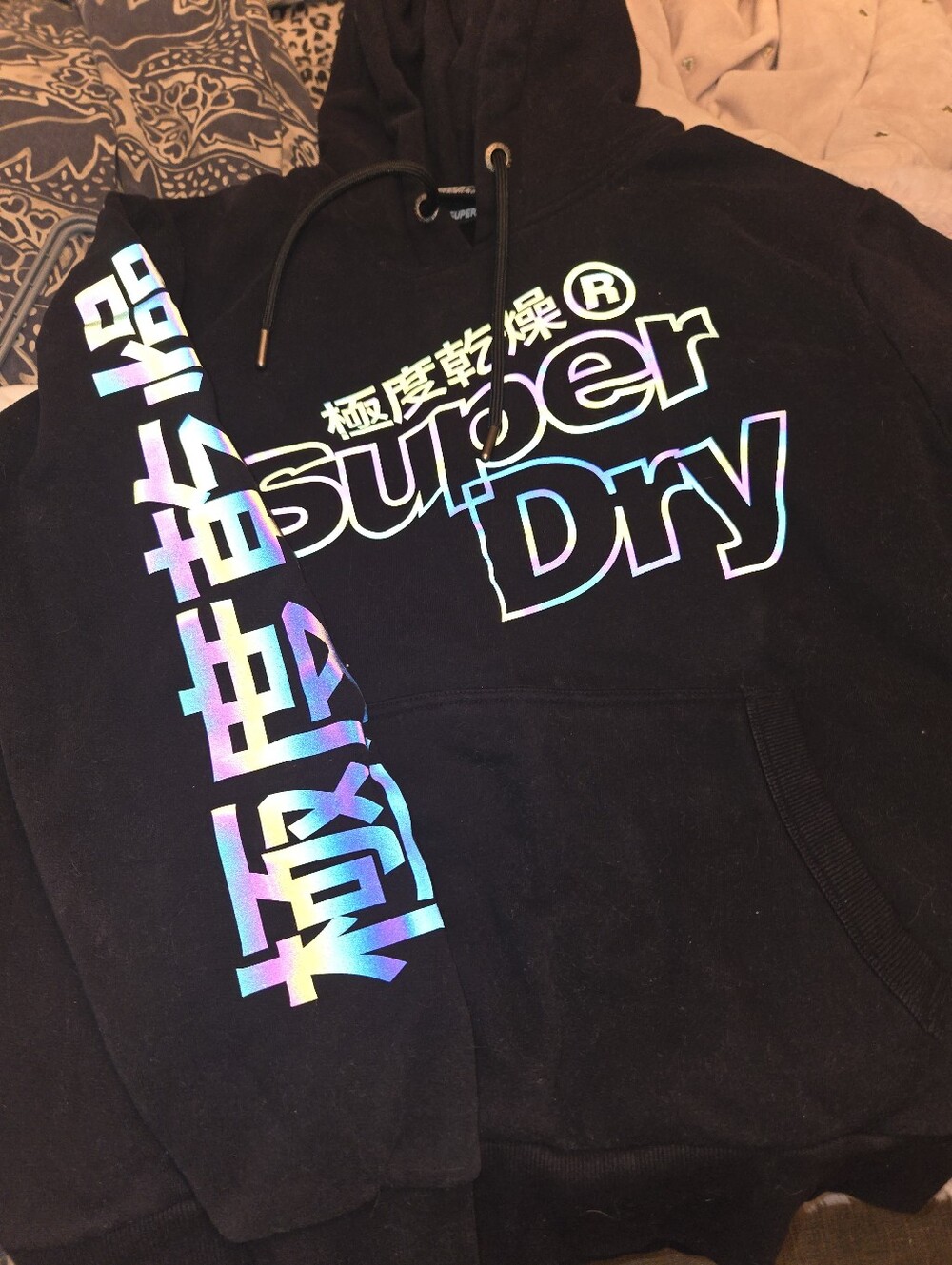 Superdry Black Hoodie with Iridescent Logo and Sleeve Print